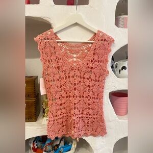 Peachy Pink Crochet Sleeveless Top with Drawstring at Waist